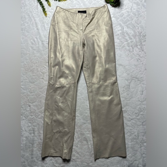 Vintage 90s Express World Brand Metallic Gold Leather Straight Leg Pants 9/10 - Picture 1 of 15